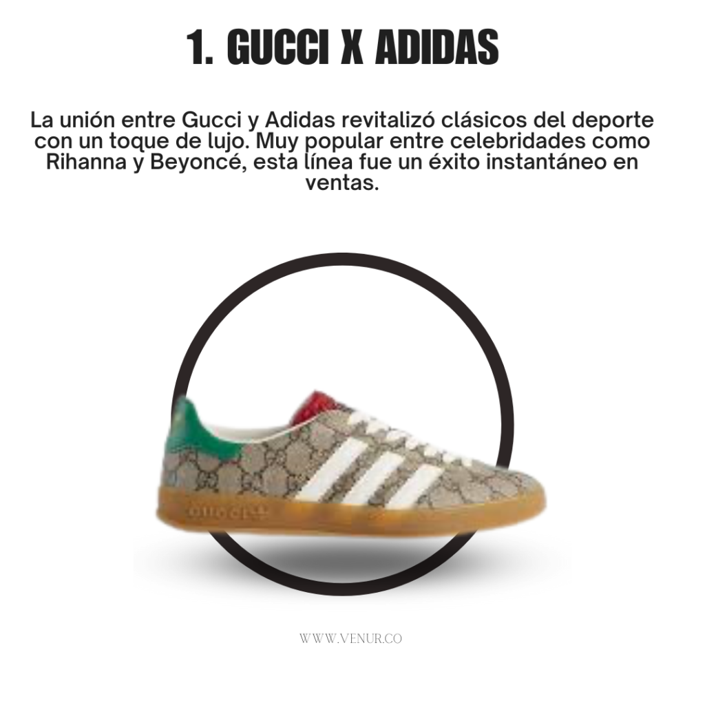 En 2022, Gucci y Adidas sorprendieron al mundo con una colección que fusionó el espíritu deportivo con el lujo irreverente. Los precios variaron ampliamente dependiendo del artículo. Por ejemplo, las zapatillas Gucci x Adidas Gazelle oscilaron entre aproximadamente 575 y 850 USD, mientras que las sandalias Gucci x Adidas GG Platform Sandal estaban disponibles desde unos 333 hasta 620 USD​ (Goat)​.Estos precios reflejan la fusión de lujo y deporte que caracterizó a la colección. Esta colaboración no solo buscó captar a los jóvenes adultos amantes del lujo casual, sino que también produjo una serie limitada de 10,000 unidades, haciendo de cada pieza un objeto de deseo coleccionable.